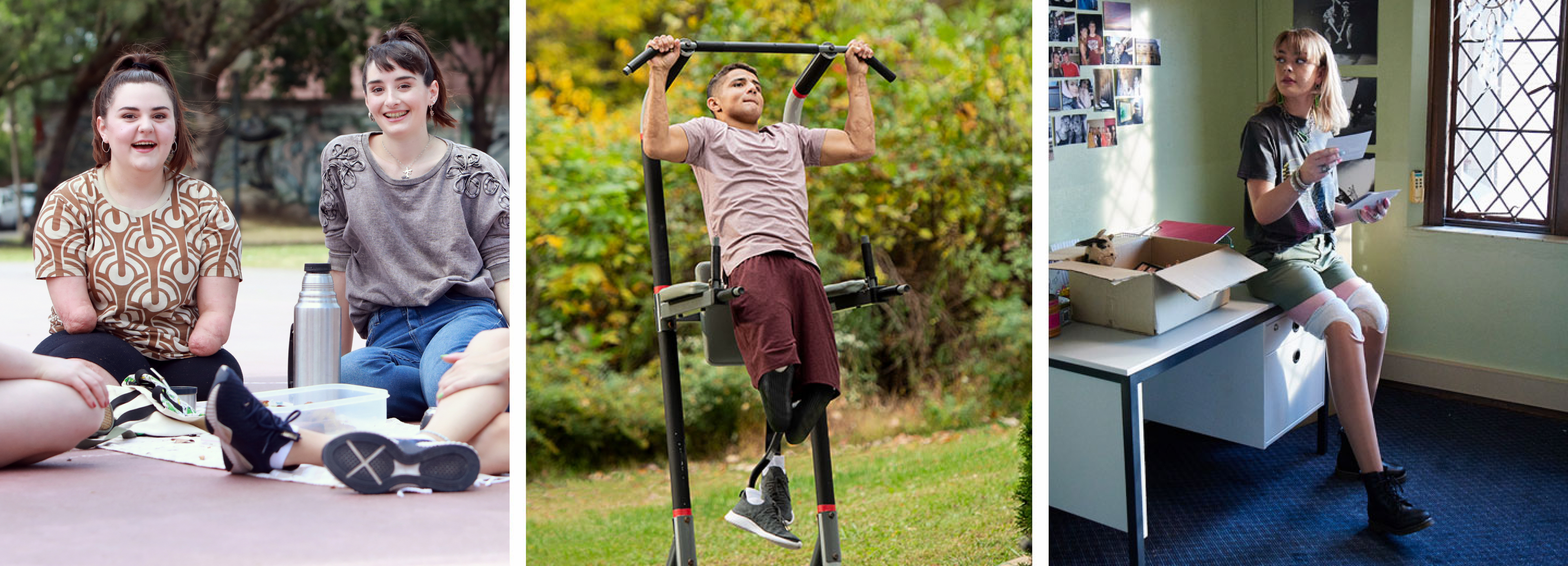 Young man with prosthetic legs gaming young man with prosthetic legs doing pull ups Young woman with prosthetic legs in a University or College Halls of residence bedroom looking at photos of her family